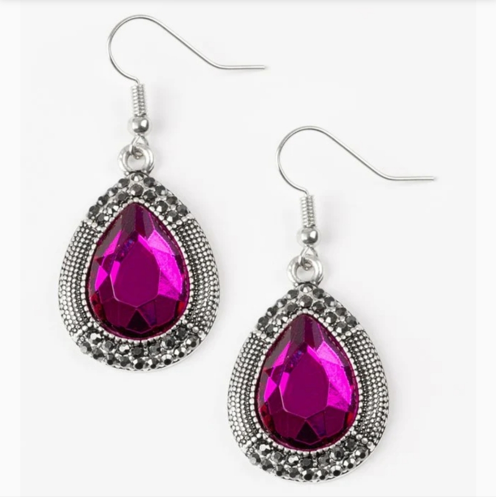 Paparazzi Magenta Teardrop Earrings Silver Setting Purple Crystal Dangle - Picture 2 of 9